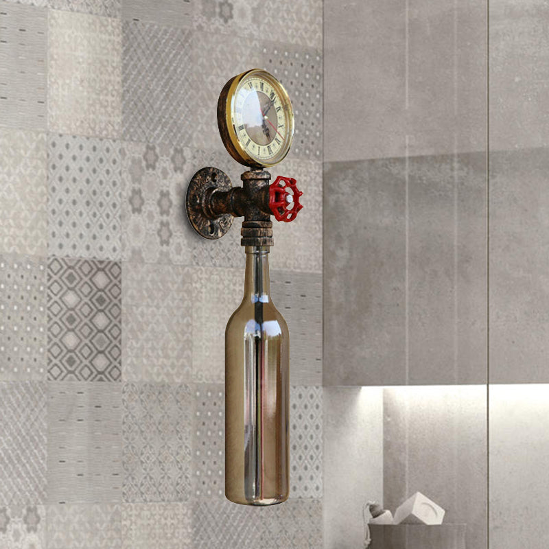 Kalsten | Brown/Blue Bottle Wall Sconce Lamp Vintage Stylish Glass 1 Bulb Living Room Wall Lighting with Manometer and Valve