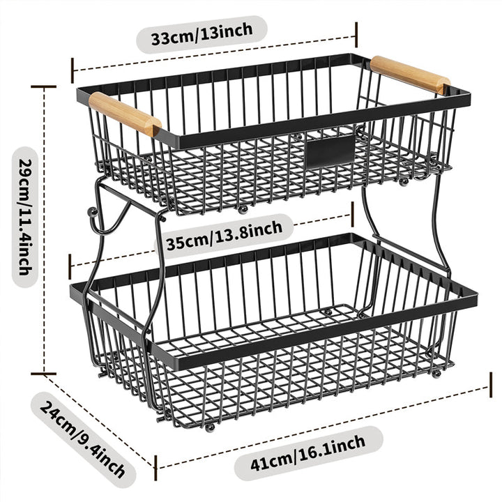 Kalsten | 2-Tier Metal Fruit & Vegetable Storage Rack with Hooks