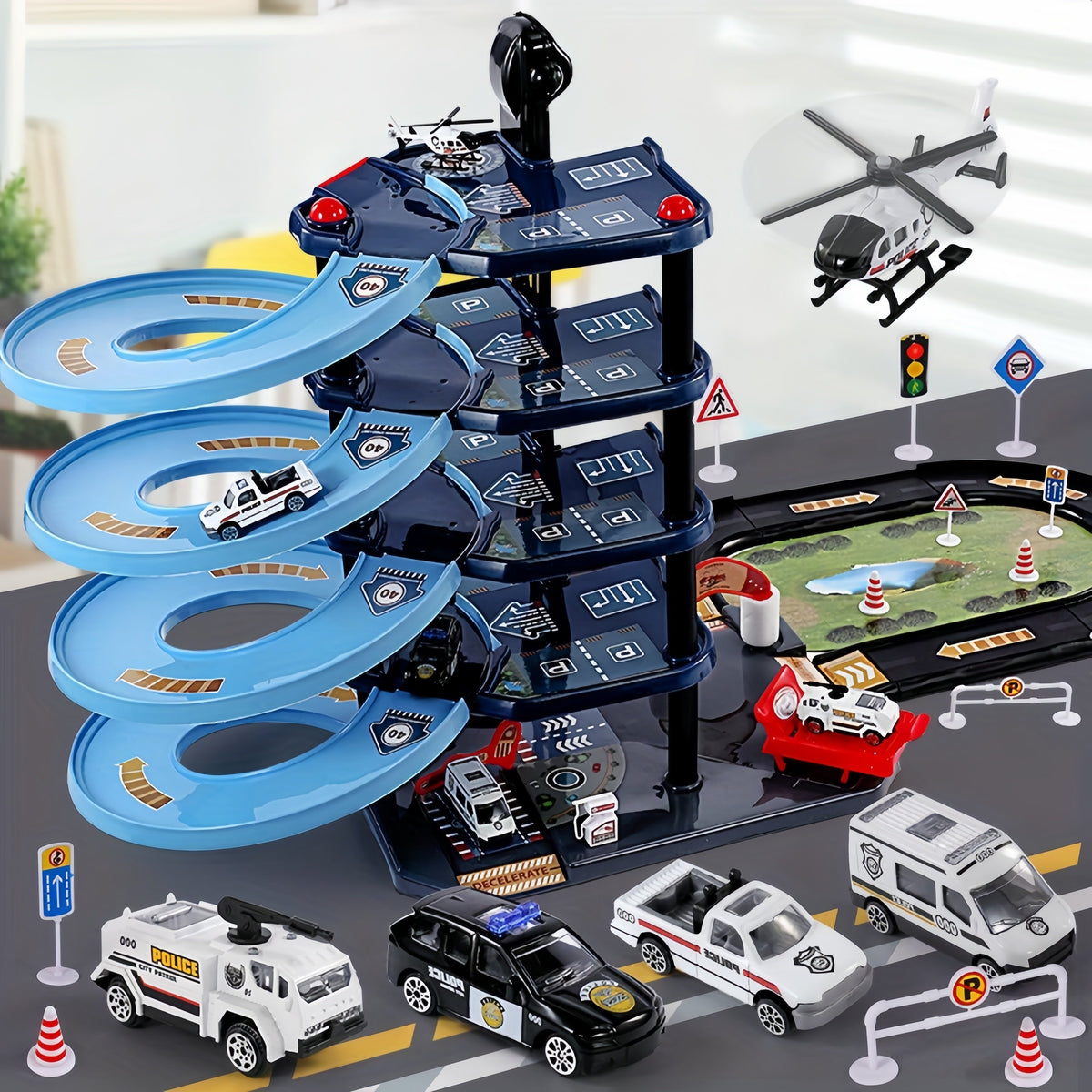 Skanto | FirePark Garage Playset – Multi-Level Fire Station with Fire Trucks and Traffic Signs for Adventurous Kids