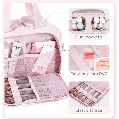 BowLift | Women’s Travel Toiletry Bag | Waterproof Lining | 4 Compartments | Upright Full-Open Design | 11 × 6.3 × 9.4 in