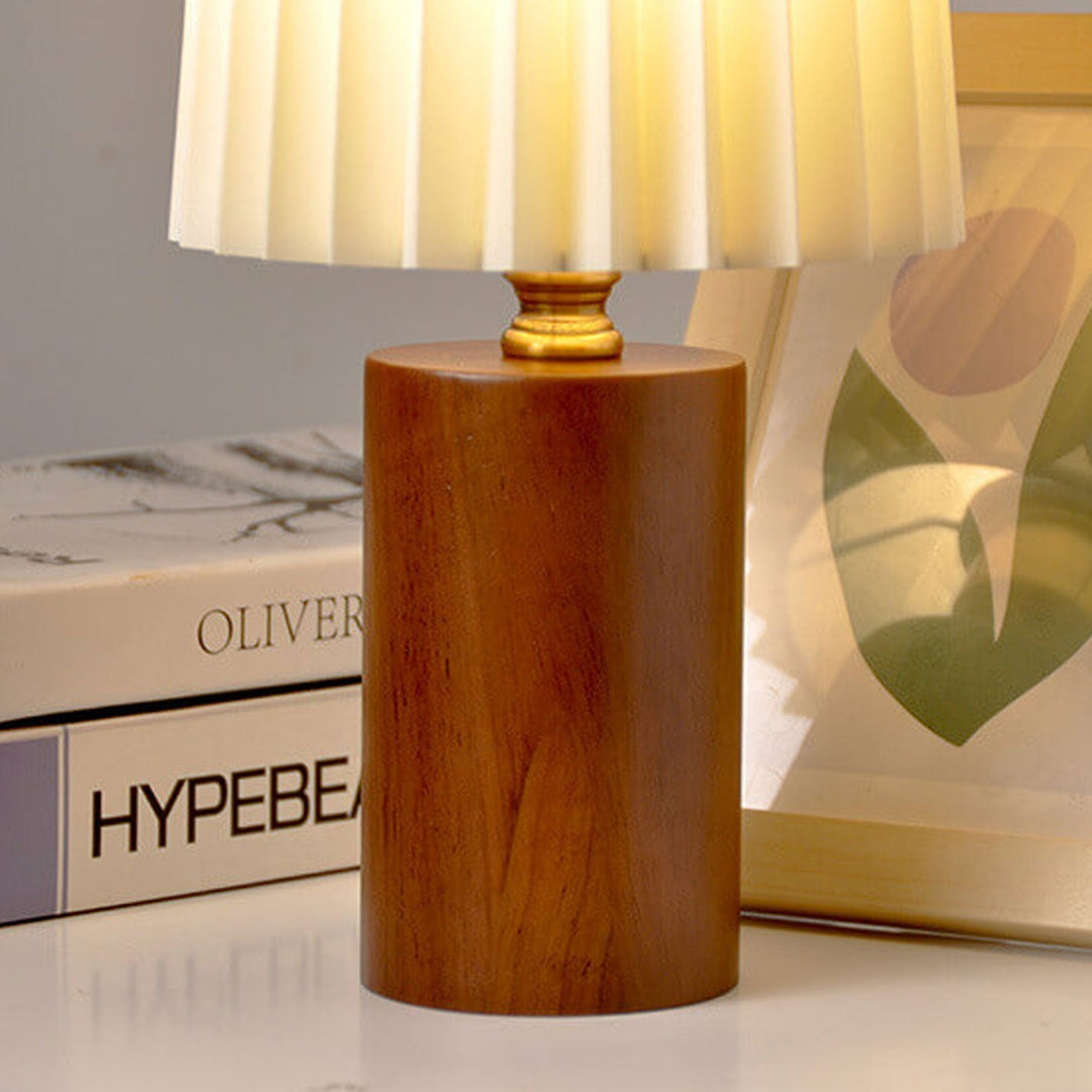 Vintage Korean Pleated Column Solid Wood Base 1-Light Table Lamp | Kalsten