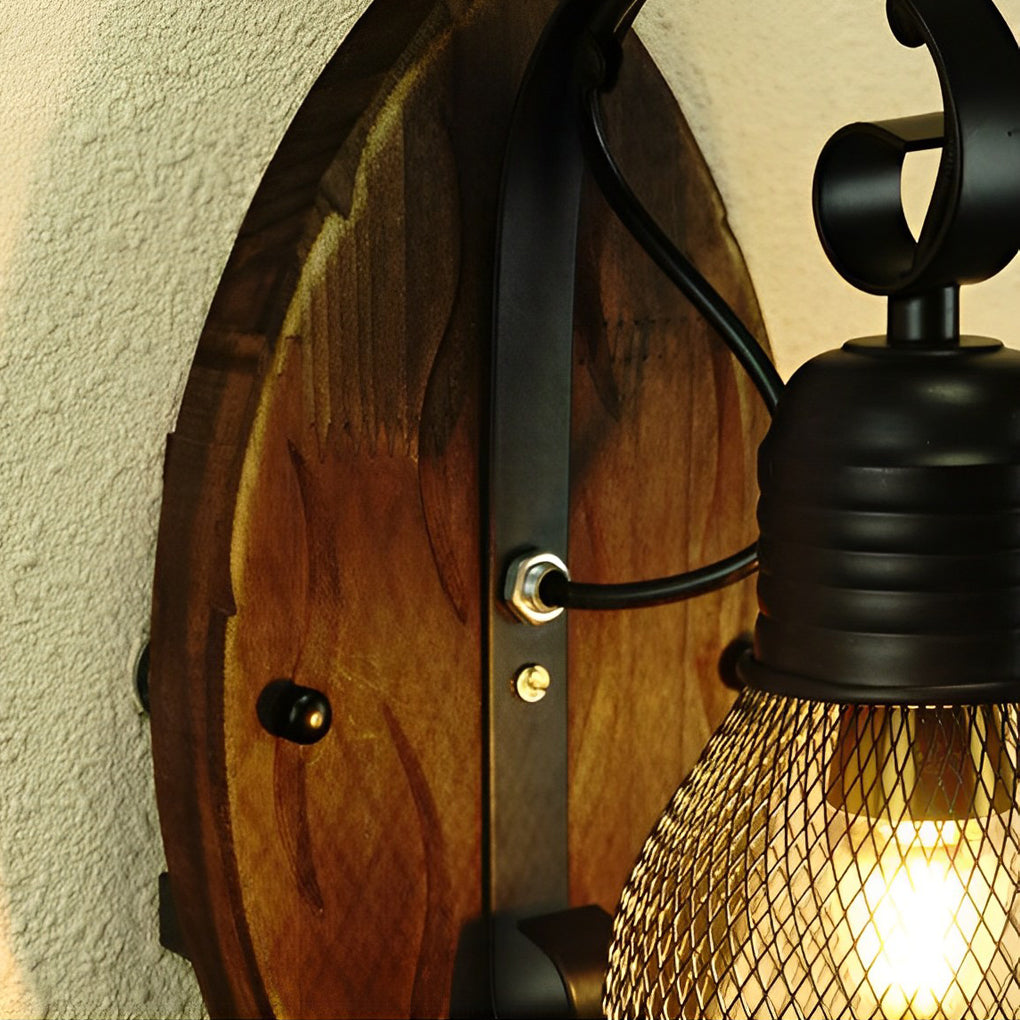 Rustic Antique Wood Iron Hollow Mesh Black E27 Industrial Style Wall Lamp | Kalsten