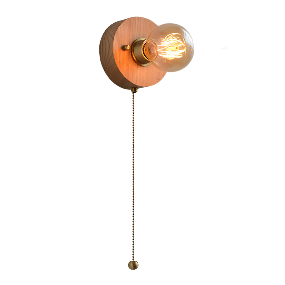 Round/Square Vintage Walnut Wood Wall Lamp 1-light with Pull Chain Switch | Kalsten