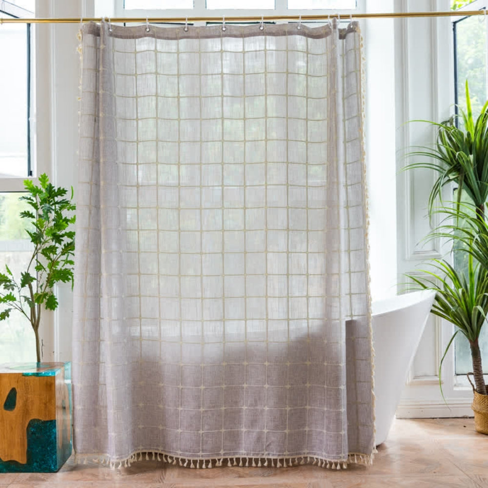 Kalsten | Cotton  Shower Curtain Check Print Fringes Waterproof Machine Washable Bathroom Decor