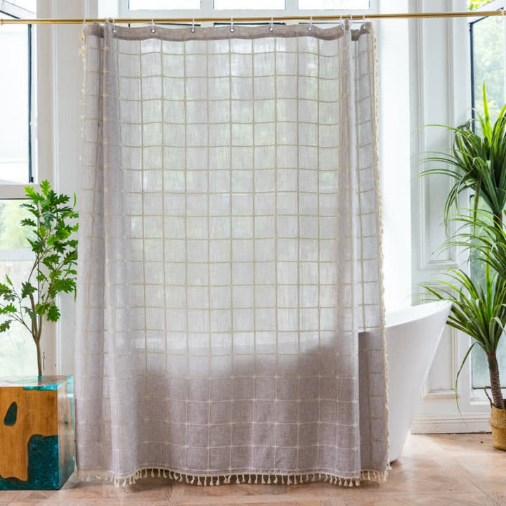 Kalsten | Cotton  Shower Curtain Check Print Fringes Waterproof Machine Washable Bathroom Decor