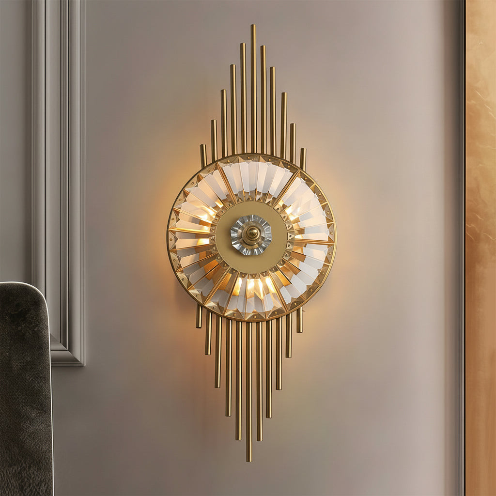 LED Wall Sconce Light – Art Deco Sunburst Crystal Brass (65x25cm / 25.6x10in) | Kalsten