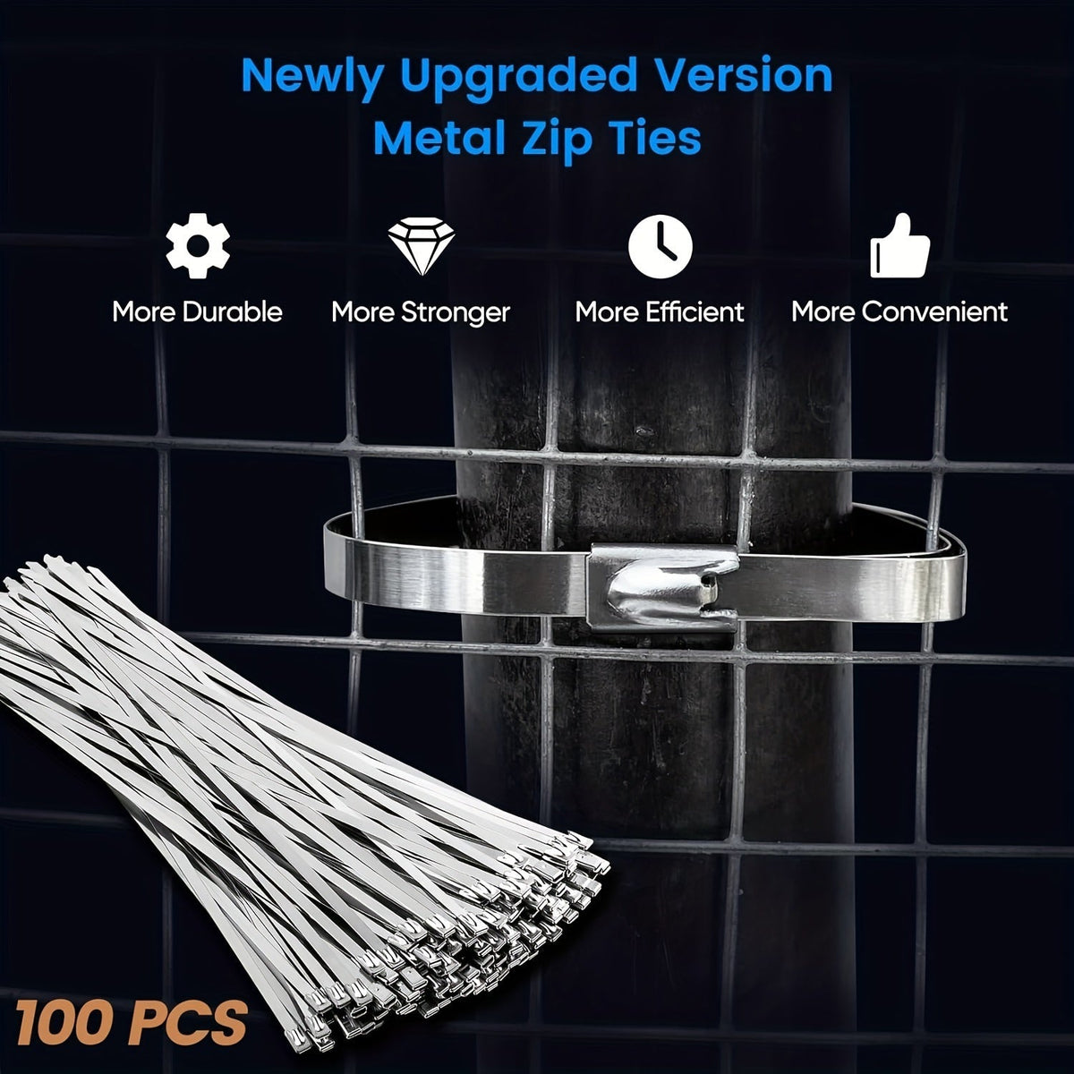 Skanto | 100 pcs Heavy Duty 304 Stainless Steel Cable Ties – 198 lbs Tensile Strength – Stainless Self-Locking Zip Ties for Machinery, Vehicles, Exhausts, Farms, Pipes, Roofs & Outdoor Fences