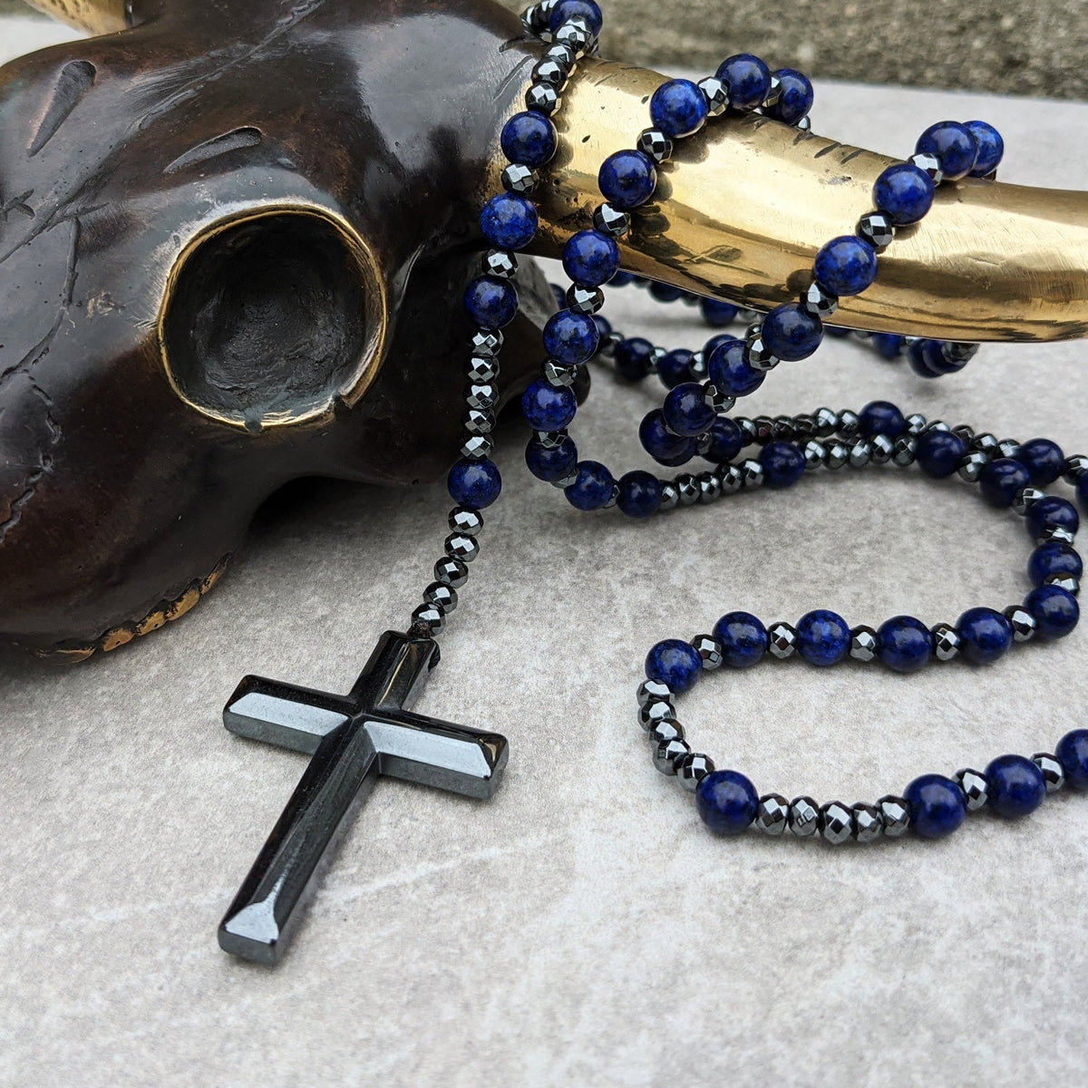 Skanto | Tiger Eye and Lapis Lazuli Cross Rosary Necklace for Men - Orion