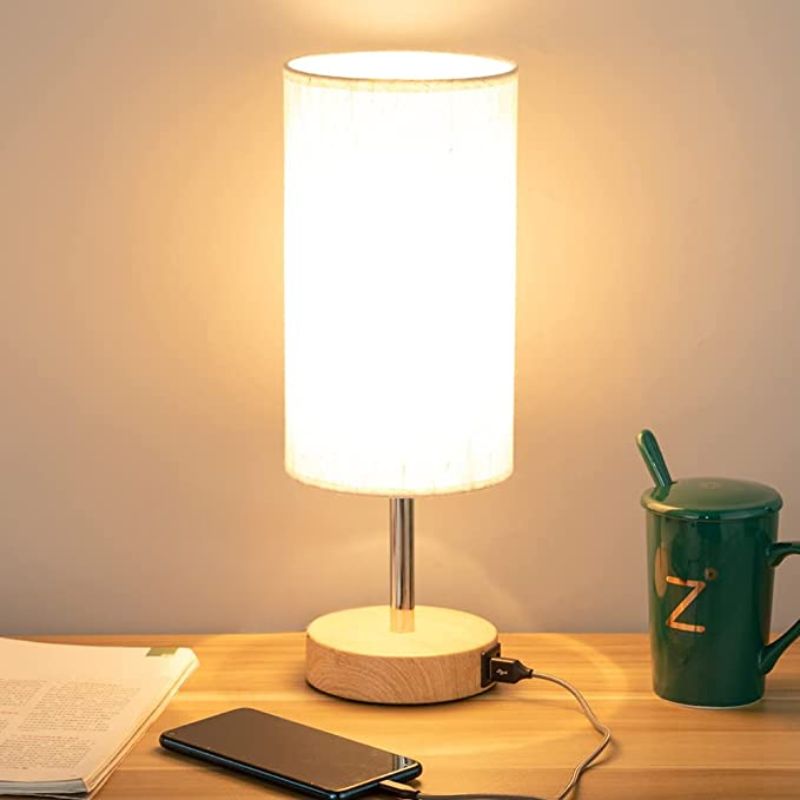 Lamp with USB connection Touch-Control Table Lamp for Bedroom Wood 3-stage dimmable Bedside Lamp with Round Linen Fabric Shade for Living Room, Student Dorm, Home Office | Kalsten