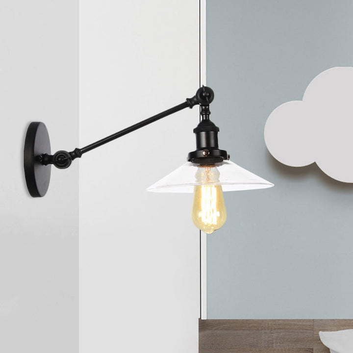 Kalsten | 1 Light Indoor Wall Lamp Vintage Black/Brass/Bronze Lighting Fixture with Cone Transparent Glass Shade, 8"/12" L Arm