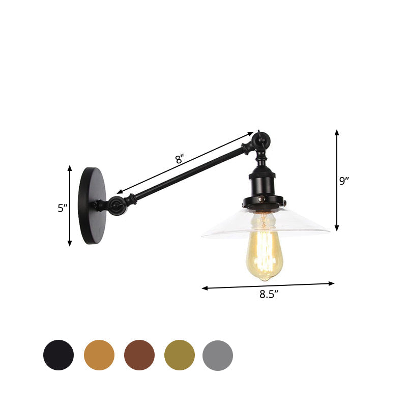 Kalsten | 1 Light Indoor Wall Lamp Vintage Black/Brass/Bronze Lighting Fixture with Cone Transparent Glass Shade, 8"/12" L Arm