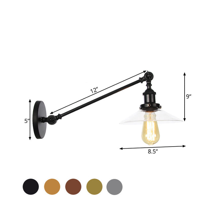 Kalsten | 1 Light Indoor Wall Lamp Vintage Black/Brass/Bronze Lighting Fixture with Cone Transparent Glass Shade, 8"/12" L Arm