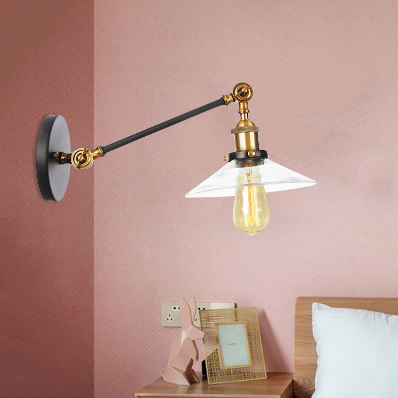 Kalsten | 1 Light Indoor Wall Lamp Vintage Black/Brass/Bronze Lighting Fixture with Cone Transparent Glass Shade, 8"/12" L Arm