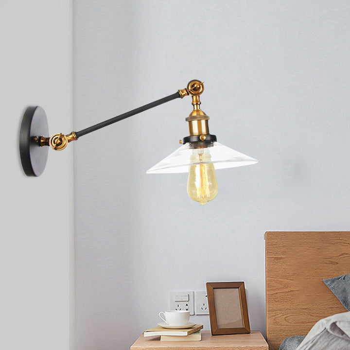 Kalsten | 1 Light Indoor Wall Lamp Vintage Black/Brass/Bronze Lighting Fixture with Cone Transparent Glass Shade, 8"/12" L Arm