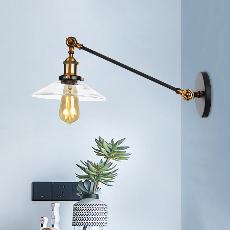 Kalsten | 1 Light Indoor Wall Lamp Vintage Black/Brass/Bronze Lighting Fixture with Cone Transparent Glass Shade, 8"/12" L Arm
