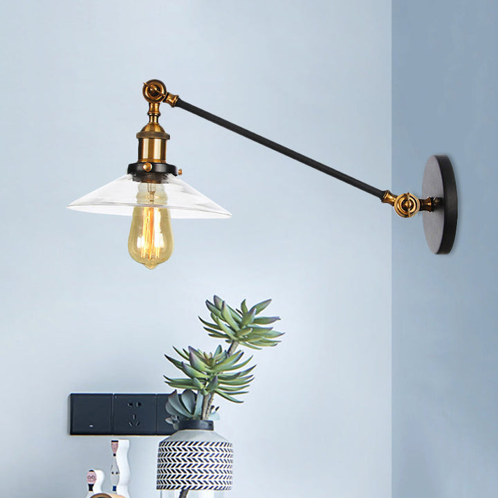 Kalsten | 1 Light Indoor Wall Lamp Vintage Black/Brass/Bronze Lighting Fixture with Cone Transparent Glass Shade, 8"/12" L Arm