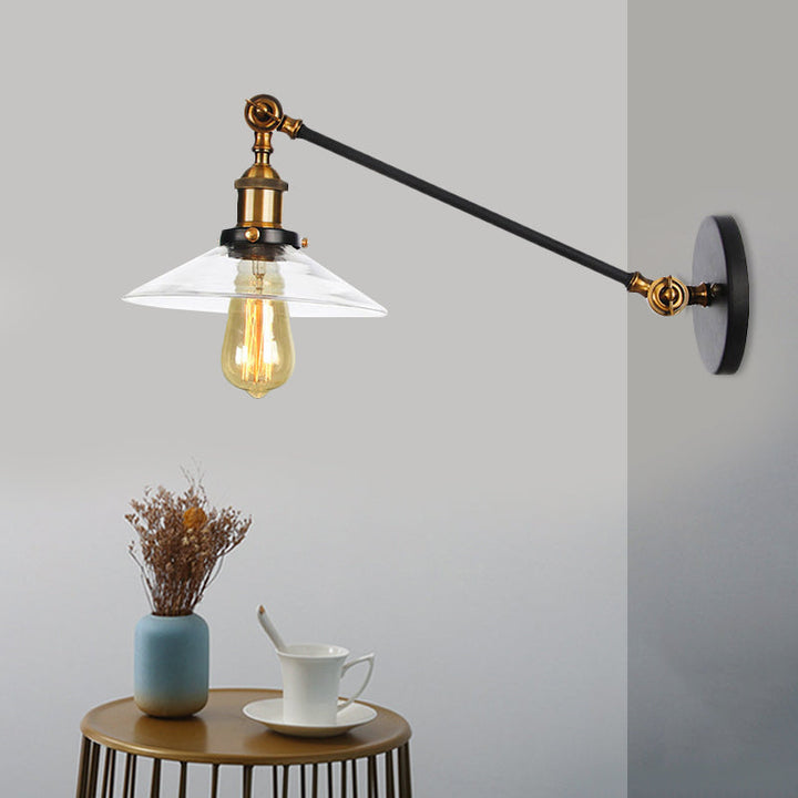 Kalsten | 1 Light Indoor Wall Lamp Vintage Black/Brass/Bronze Lighting Fixture with Cone Transparent Glass Shade, 8"/12" L Arm