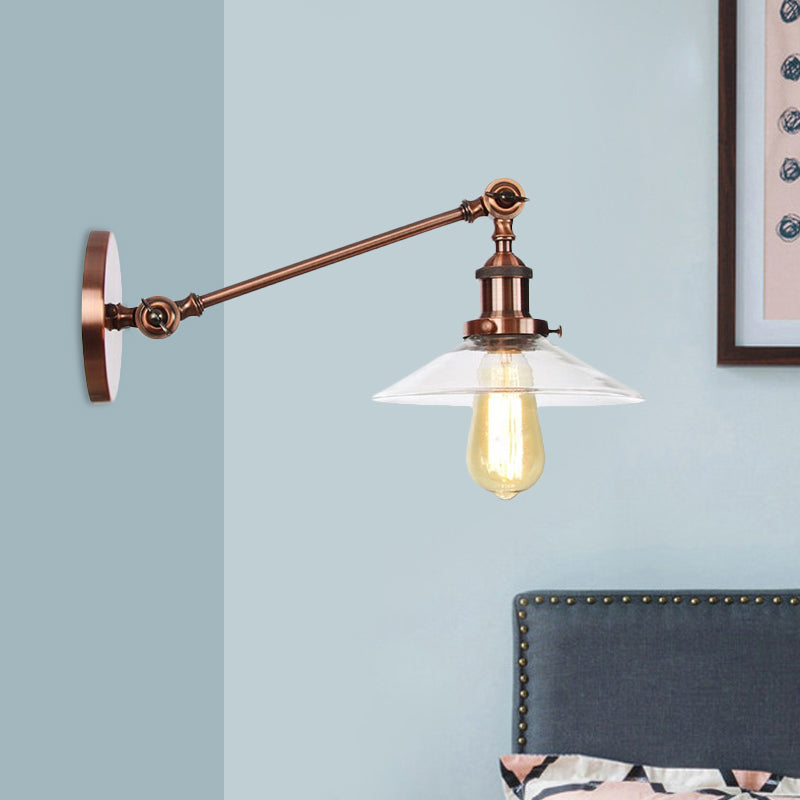 Kalsten | 1 Light Indoor Wall Lamp Vintage Black/Brass/Bronze Lighting Fixture with Cone Transparent Glass Shade, 8"/12" L Arm