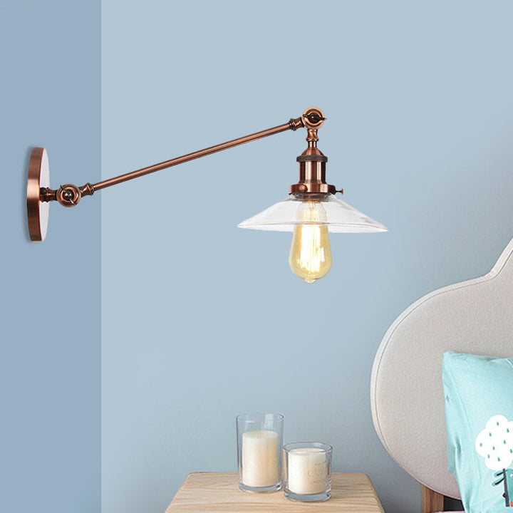 Kalsten | 1 Light Indoor Wall Lamp Vintage Black/Brass/Bronze Lighting Fixture with Cone Transparent Glass Shade, 8"/12" L Arm
