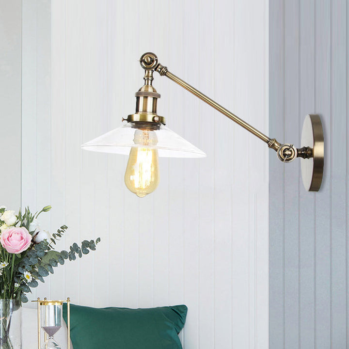 Kalsten | 1 Light Indoor Wall Lamp Vintage Black/Brass/Bronze Lighting Fixture with Cone Transparent Glass Shade, 8"/12" L Arm