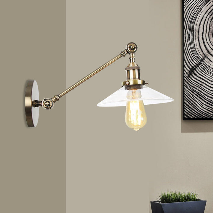 Kalsten | 1 Light Indoor Wall Lamp Vintage Black/Brass/Bronze Lighting Fixture with Cone Transparent Glass Shade, 8"/12" L Arm