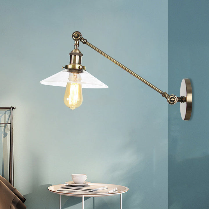 Kalsten | 1 Light Indoor Wall Lamp Vintage Black/Brass/Bronze Lighting Fixture with Cone Transparent Glass Shade, 8"/12" L Arm