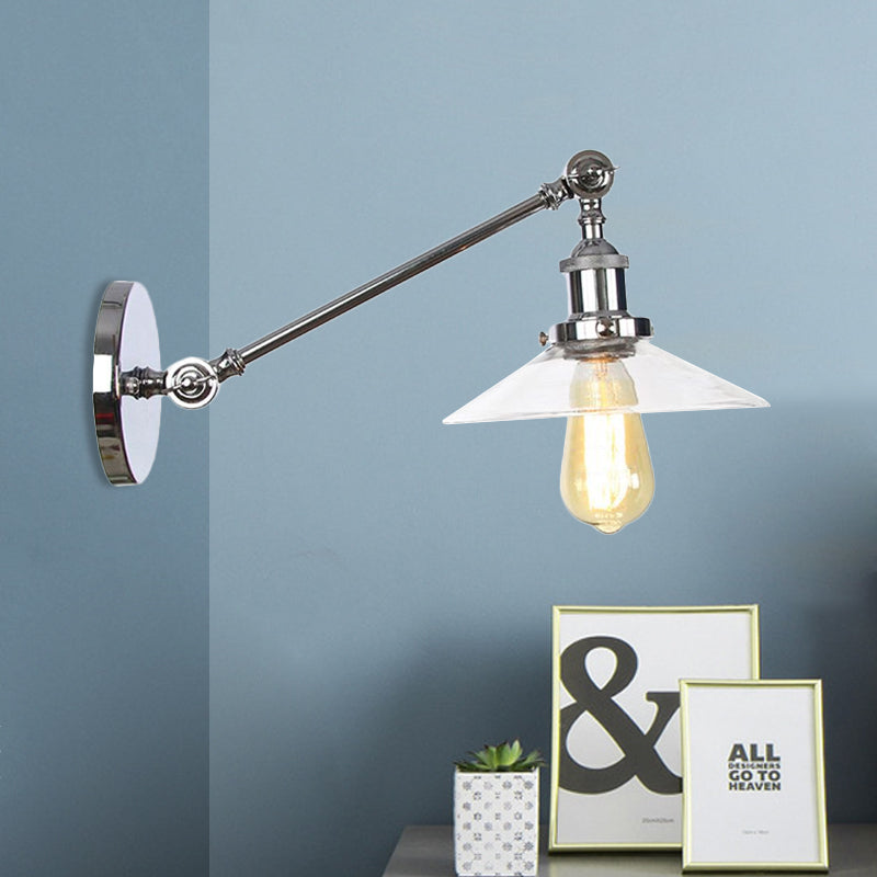 Kalsten | 1 Light Indoor Wall Lamp Vintage Black/Brass/Bronze Lighting Fixture with Cone Transparent Glass Shade, 8"/12" L Arm