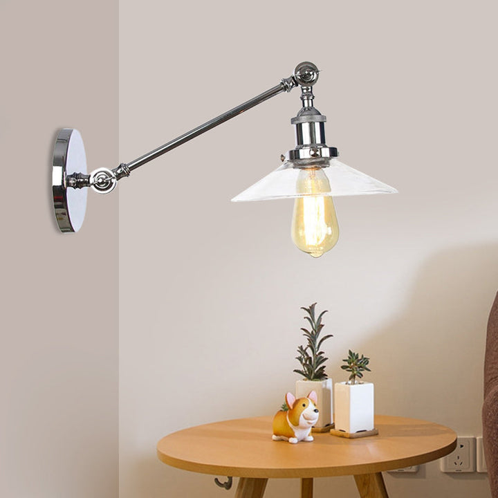 Kalsten | 1 Light Indoor Wall Lamp Vintage Black/Brass/Bronze Lighting Fixture with Cone Transparent Glass Shade, 8"/12" L Arm
