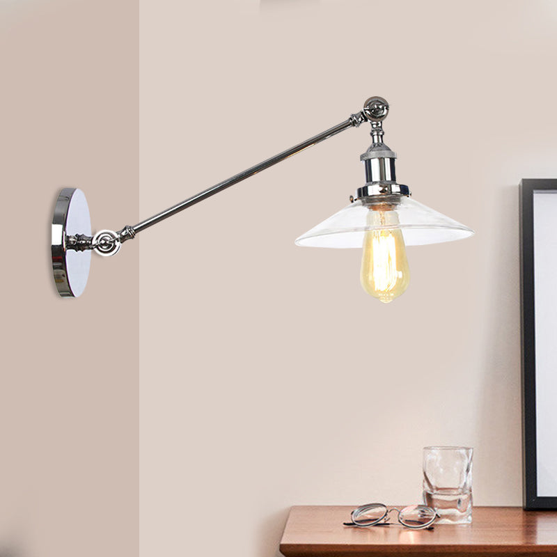 Kalsten | 1 Light Indoor Wall Lamp Vintage Black/Brass/Bronze Lighting Fixture with Cone Transparent Glass Shade, 8"/12" L Arm
