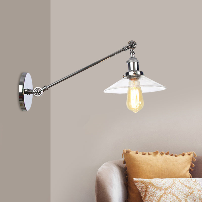 Kalsten | 1 Light Indoor Wall Lamp Vintage Black/Brass/Bronze Lighting Fixture with Cone Transparent Glass Shade, 8"/12" L Arm