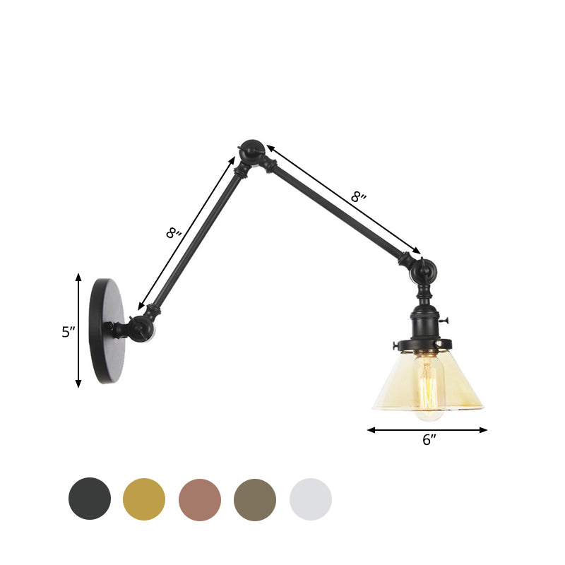 BowLift | 1 Light Wall Lamp Industrial Cone Clear/Amber Glass Wall Lamp in Black/Bronze/Brass with Adjustable Arm, 8“+8"/8"+8"+8" Long