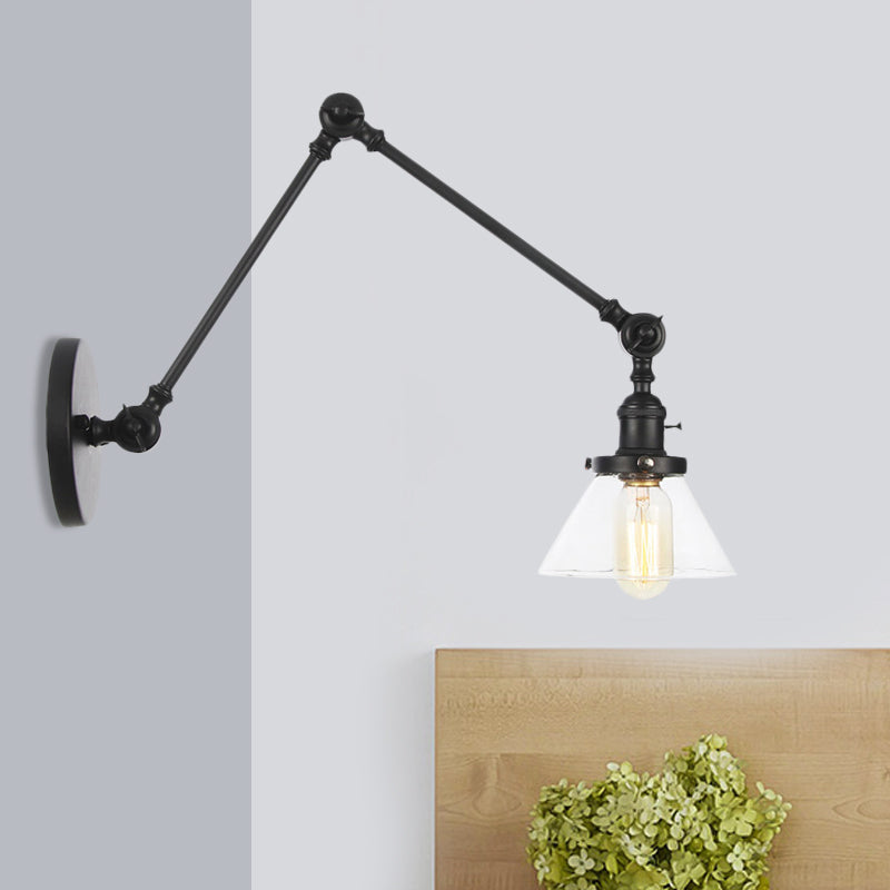 BowLift | 1 Light Wall Lamp Industrial Cone Clear/Amber Glass Wall Lamp in Black/Bronze/Brass with Adjustable Arm, 8“+8"/8"+8"+8" Long
