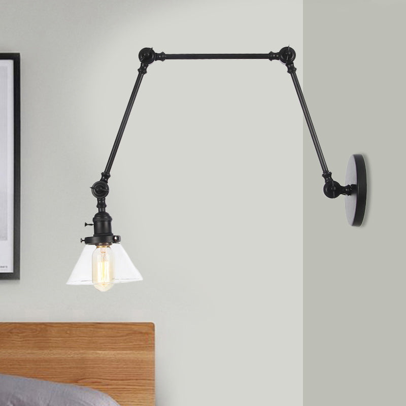 BowLift | 1 Light Wall Lamp Industrial Cone Clear/Amber Glass Wall Lamp in Black/Bronze/Brass with Adjustable Arm, 8“+8"/8"+8"+8" Long