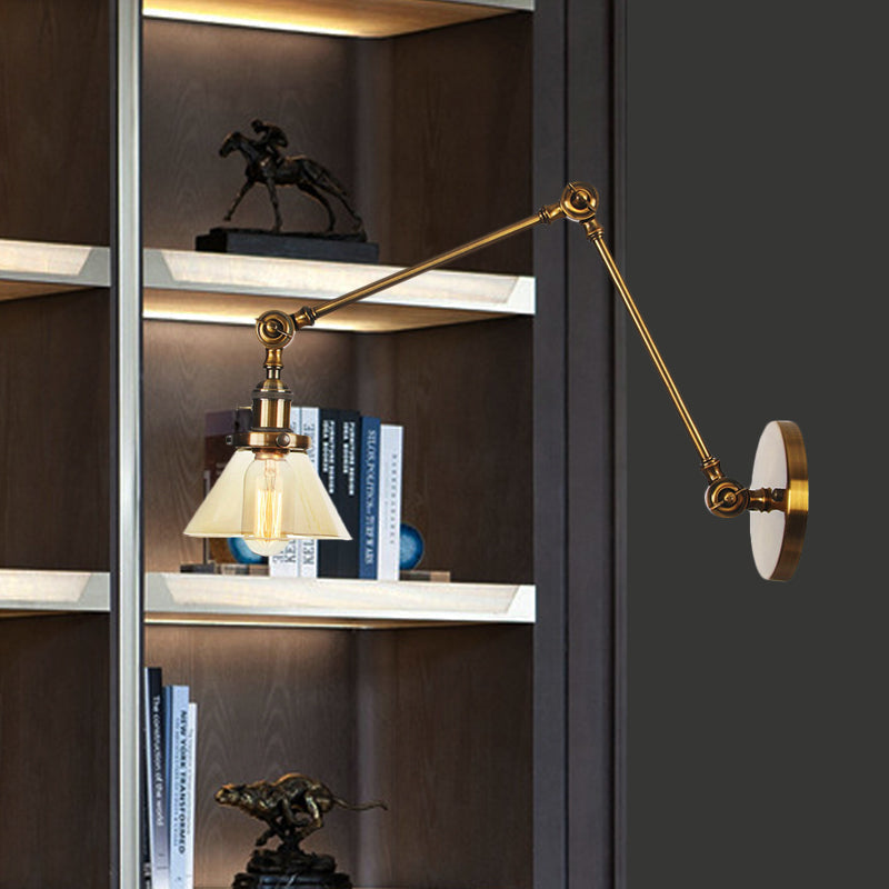 BowLift | 1 Light Wall Lamp Industrial Cone Clear/Amber Glass Wall Lamp in Black/Bronze/Brass with Adjustable Arm, 8“+8"/8"+8"+8" Long