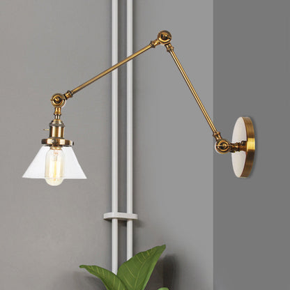 BowLift | 1 Light Wall Lamp Industrial Cone Clear/Amber Glass Wall Lamp in Black/Bronze/Brass with Adjustable Arm, 8“+8"/8"+8"+8" Long