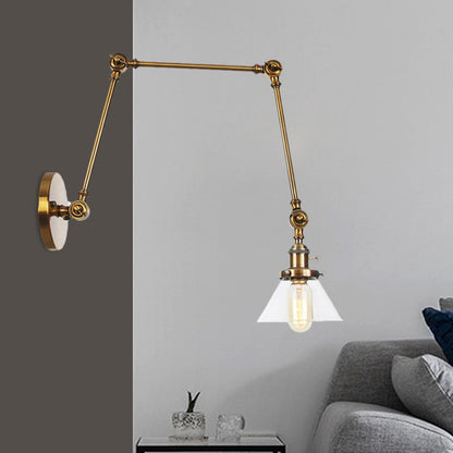 BowLift | 1 Light Wall Lamp Industrial Cone Clear/Amber Glass Wall Lamp in Black/Bronze/Brass with Adjustable Arm, 8“+8"/8"+8"+8" Long
