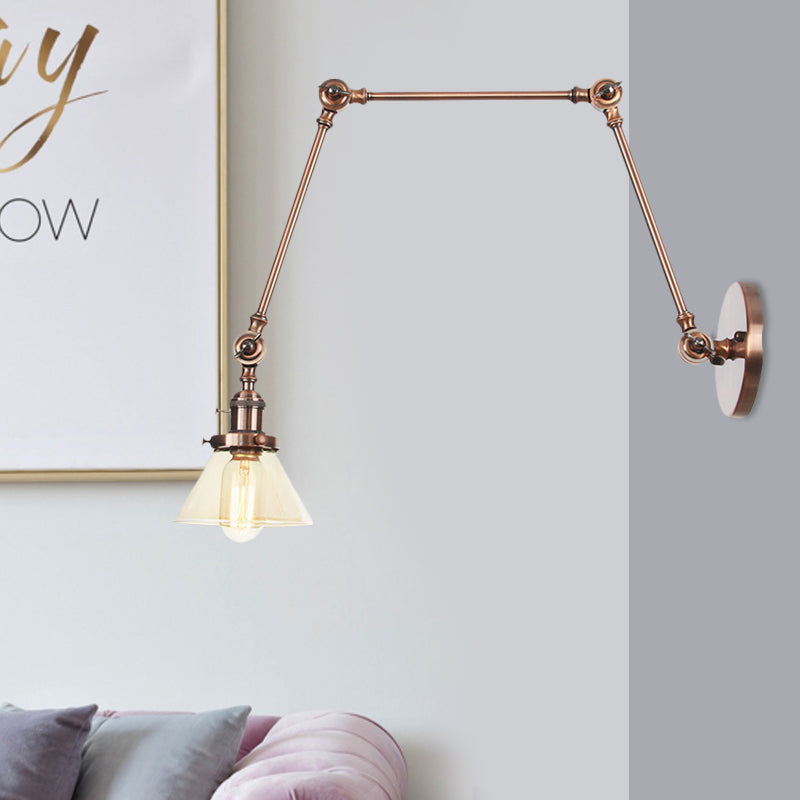 BowLift | 1 Light Wall Lamp Industrial Cone Clear/Amber Glass Wall Lamp in Black/Bronze/Brass with Adjustable Arm, 8“+8"/8"+8"+8" Long