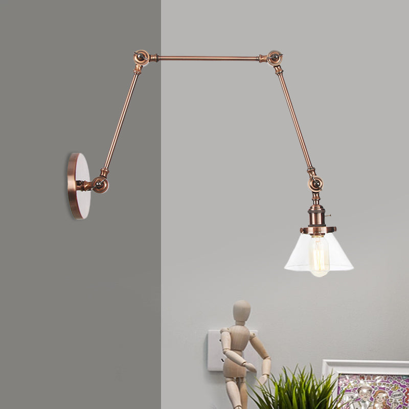 BowLift | 1 Light Wall Lamp Industrial Cone Clear/Amber Glass Wall Lamp in Black/Bronze/Brass with Adjustable Arm, 8“+8"/8"+8"+8" Long