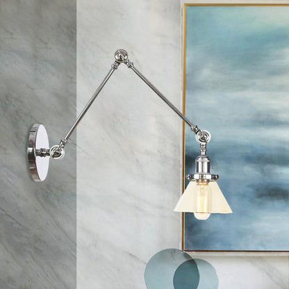 BowLift | 1 Light Wall Lamp Industrial Cone Clear/Amber Glass Wall Lamp in Black/Bronze/Brass with Adjustable Arm, 8“+8"/8"+8"+8" Long