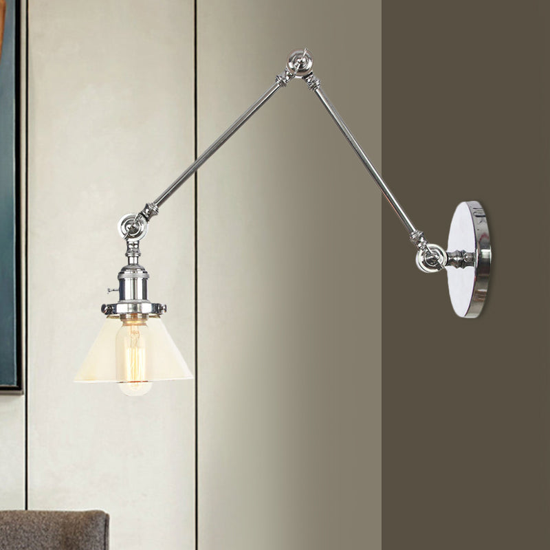 BowLift | 1 Light Wall Lamp Industrial Cone Clear/Amber Glass Wall Lamp in Black/Bronze/Brass with Adjustable Arm, 8“+8"/8"+8"+8" Long