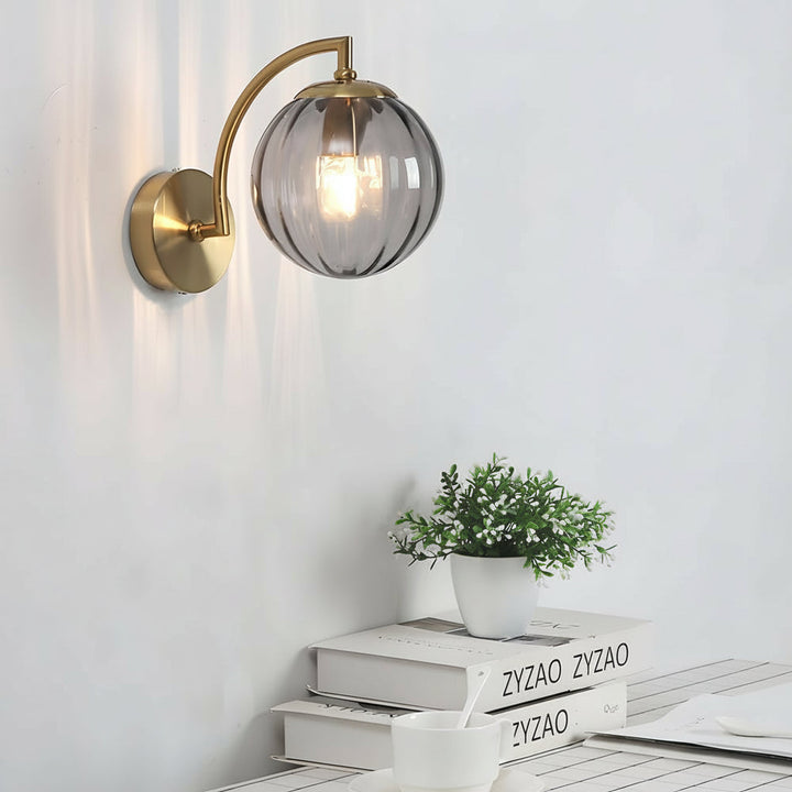 LED Wall Sconce Light – Modern Curved Arm Ribbed Glass Globe (26x15cm / 10.2x5.9in) | Kalsten