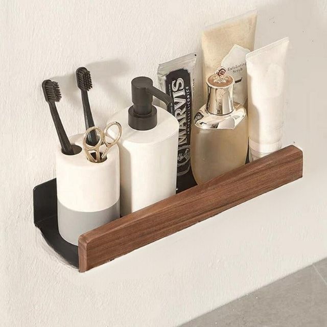Solid wood bathroom organizer shelf without drilling