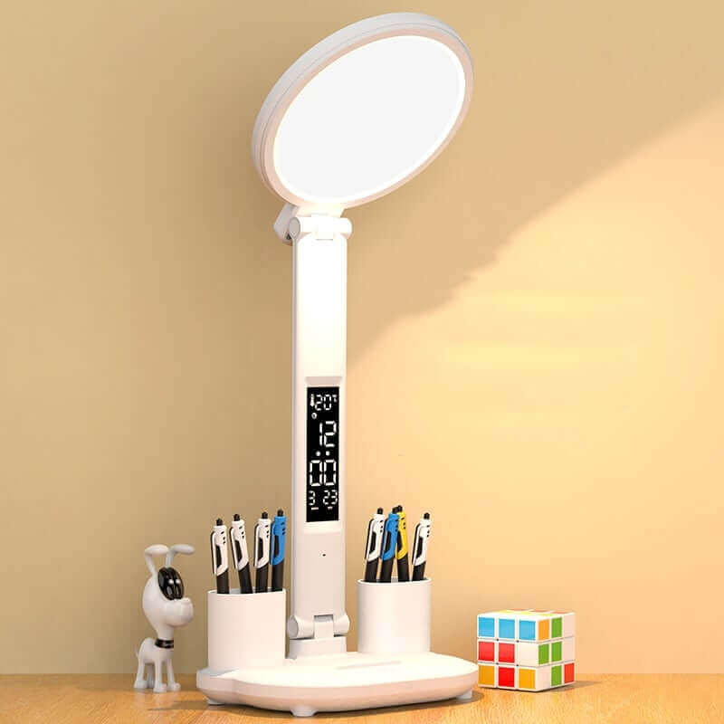 LED Clock Table Lamp USB Chargeable Dimmable Desk Lamp Plug-in LED Fan Light Foldable Eye Protection Reading Night Light | Kalsten