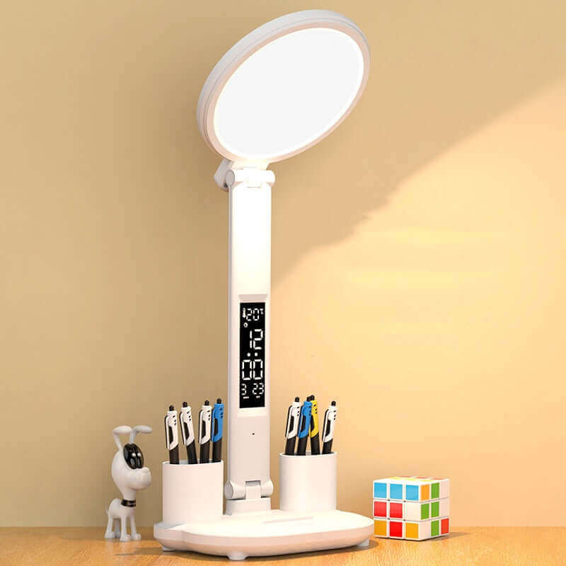 LED Clock Table Lamp USB Chargeable Dimmable Desk Lamp Plug-in LED Fan Light Foldable Eye Protection Reading Night Light | Kalsten