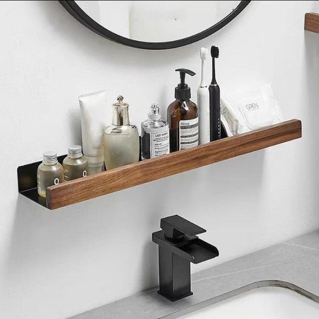 Solid wood bathroom organizer shelf without drilling