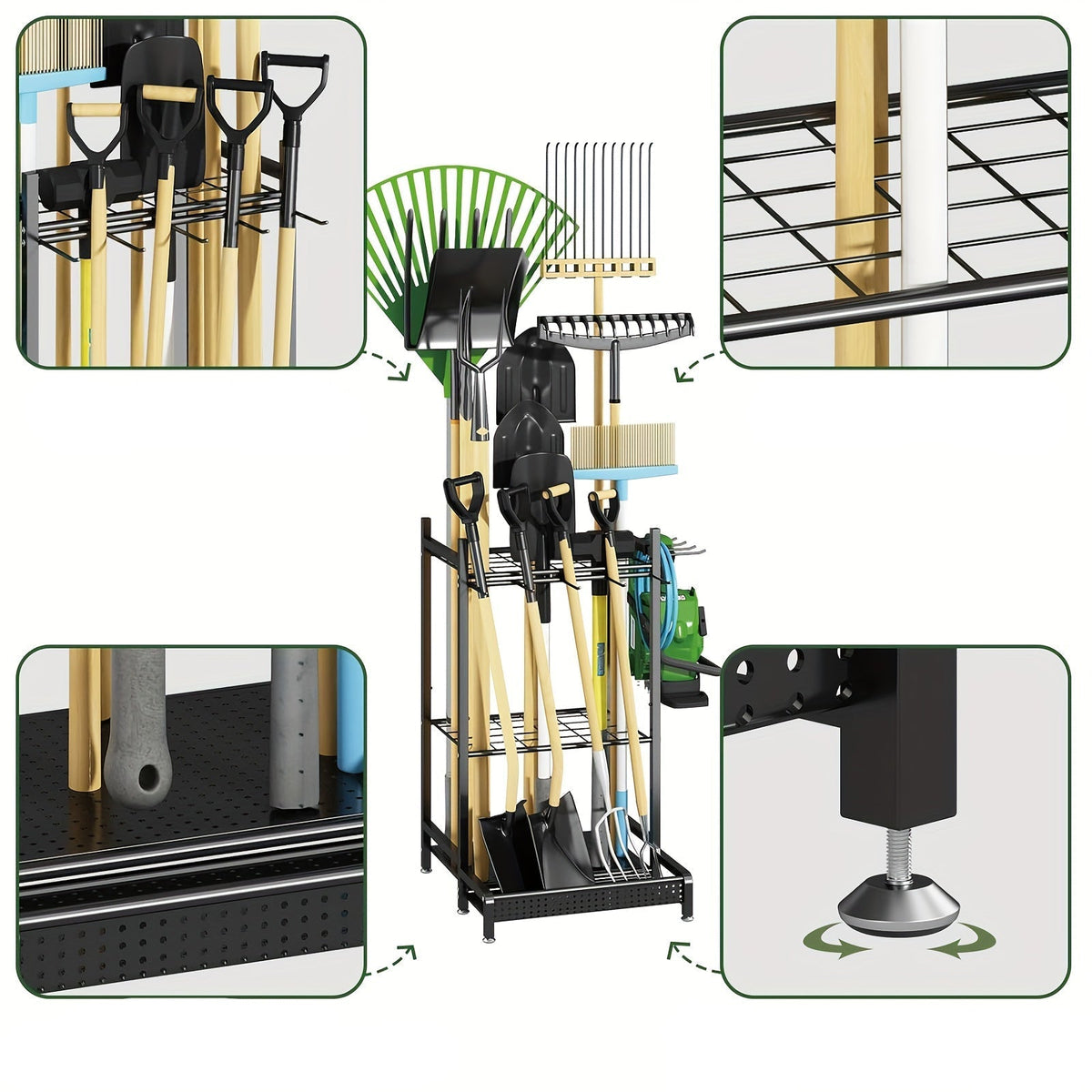 Skanto | Heavy-Duty Black Metal Garden Rack – Durable Outdoor Tool and Hose Storage Organizer