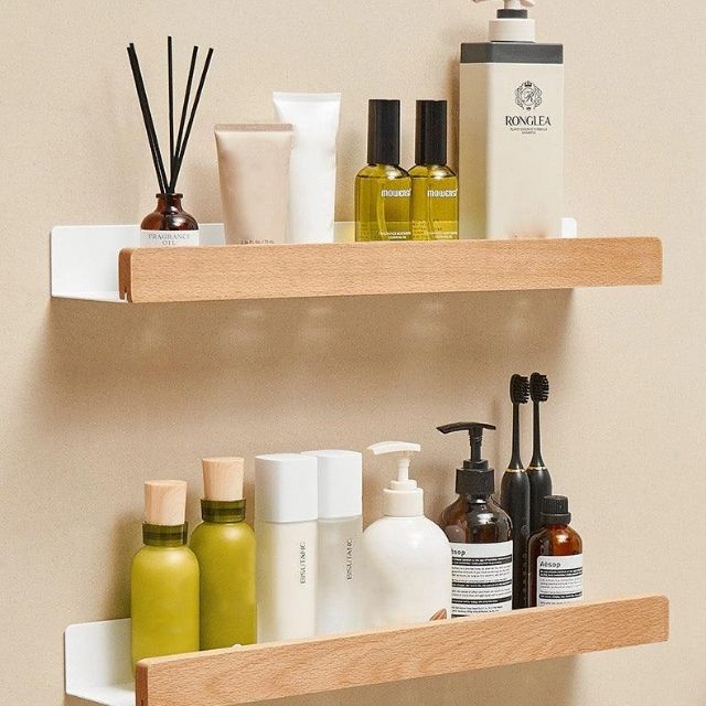 Solid wood bathroom organizer shelf without drilling