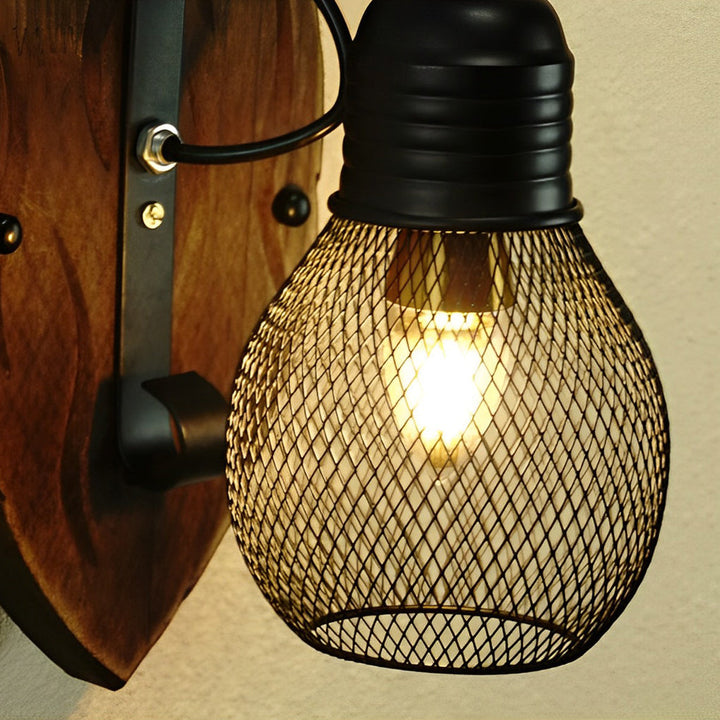 Rustic Antique Wood Iron Hollow Mesh Black E27 Industrial Style Wall Lamp | Kalsten