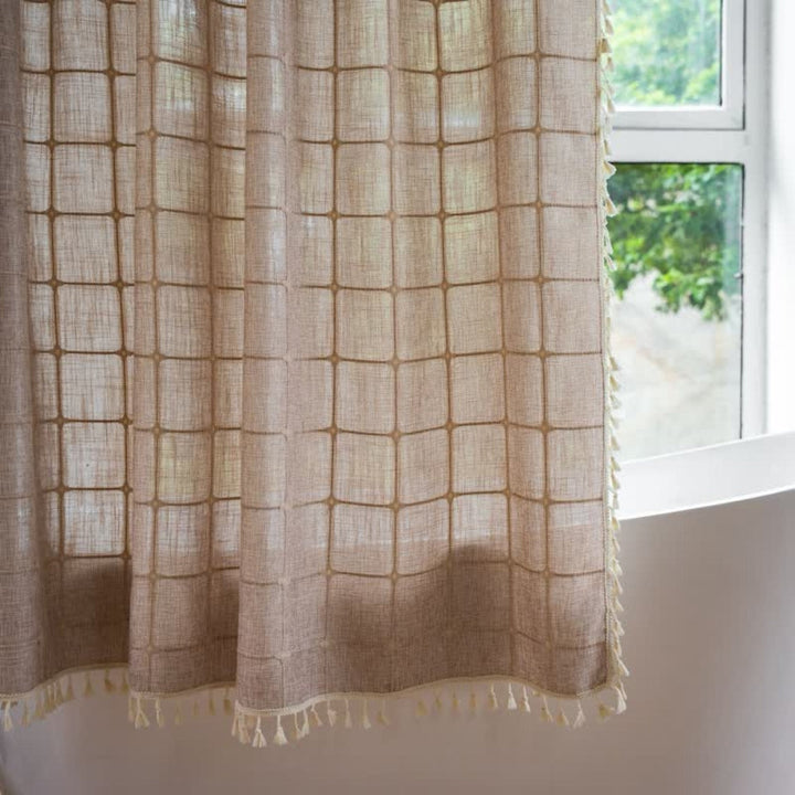 Kalsten | Cotton  Shower Curtain Check Print Fringes Waterproof Machine Washable Bathroom Decor