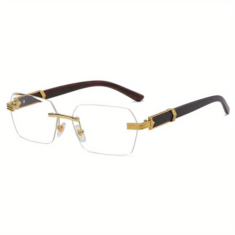 Rimless Sunglasses with Rectangular Lenses and Faux Wood Temples – Verro | Kalsten
